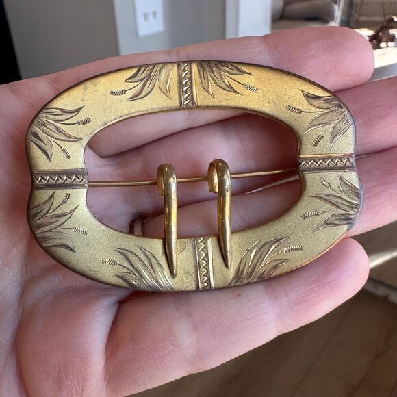 Art Nouveau Gold Oval Sash Buckle Brooch Pin Two Prong Victorian Vintage 1800s - Picture 1 of 2